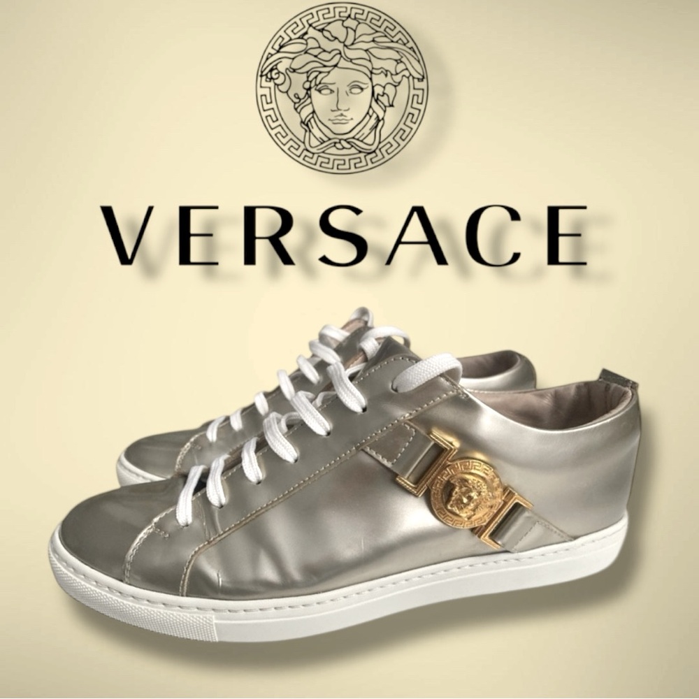 Authetic Versace Metallic Sneakers with Gold Medusa Detail